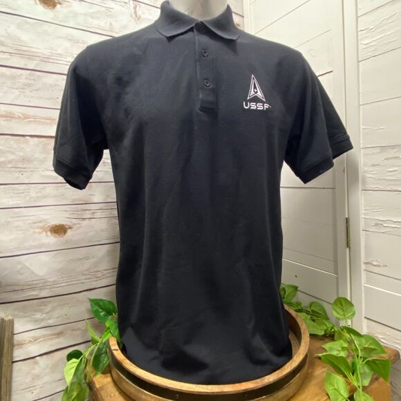 USSF United States Space Force Black Embroidered Logo Polo Short Sleeve Shirt L - Picture 1 of 9